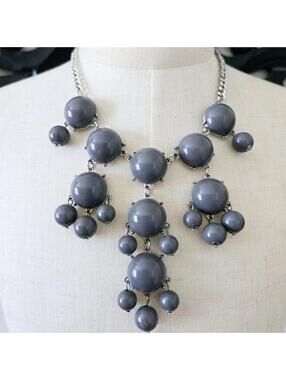 Grey Beaded Silver Tone Bib Necklace
